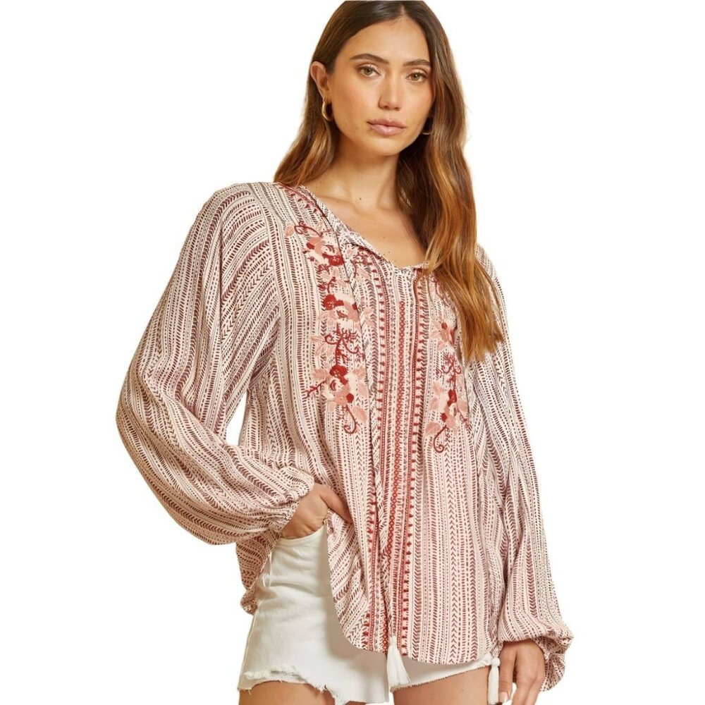 Savanna Jane Embroidered Long-Sleeve Peasant Top Sz M Western Boho Tassles